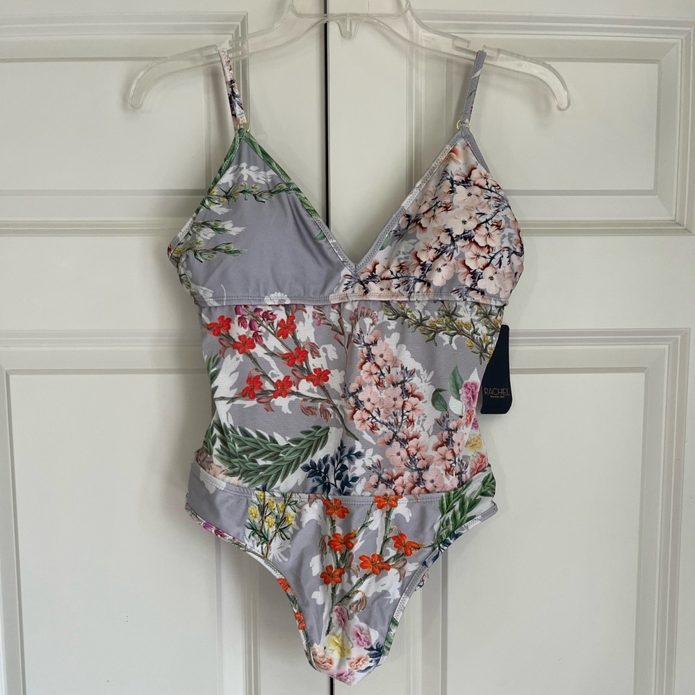 RACHEL Rachel Roy Gray Floral V‑Neck One‑Piece Swimsuit